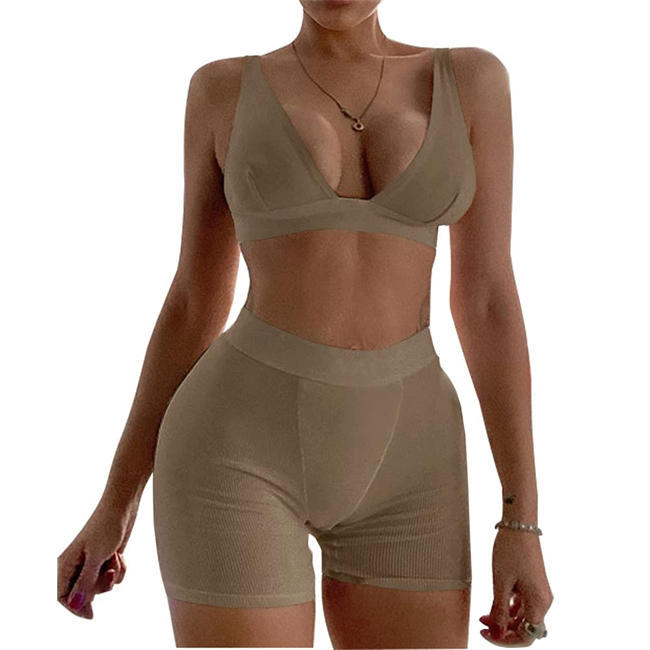 Women 2 Piece Workout Outfits Ribbed Deep V Neck Sleeveless Crop Top High Waist Bodycon Shorts Sets Active Wear Tracksuits